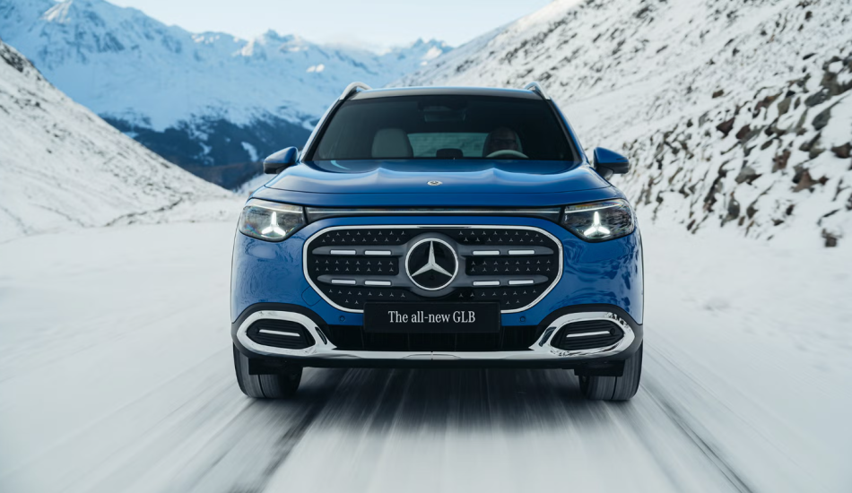 2027 Mercedes-Benz GLB parked outdoors, showcasing its sleek SUV design and modern headlights.